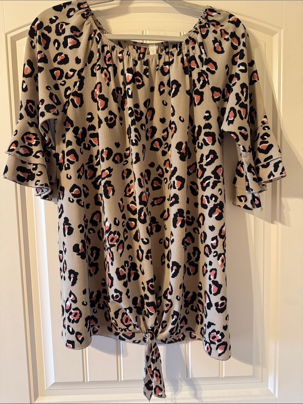 Leopard Print Tie-Hem Tunic Top - Beige with Pink Accents